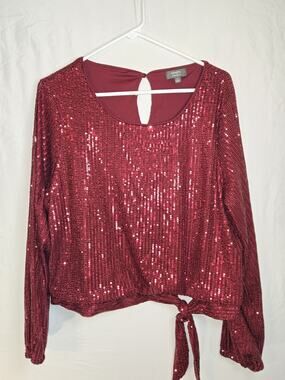 Ninety Clothing Co Red Sequined Top Shirt Blouse US Womens Size XL Fancy Xmas EU